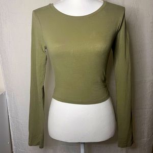 Long Sleeve Crop Top Olive Green Crewneck Causal | M